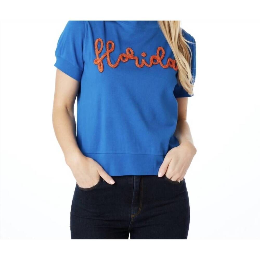 NEW STEWART SIMMONS women's florida glitter script shirt in blue